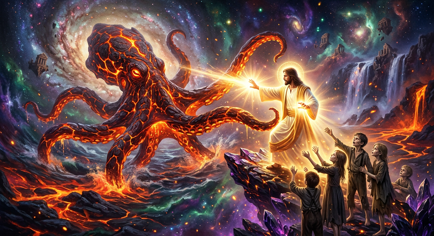 Jesus saving all the starving children and the kraken is a evil eye