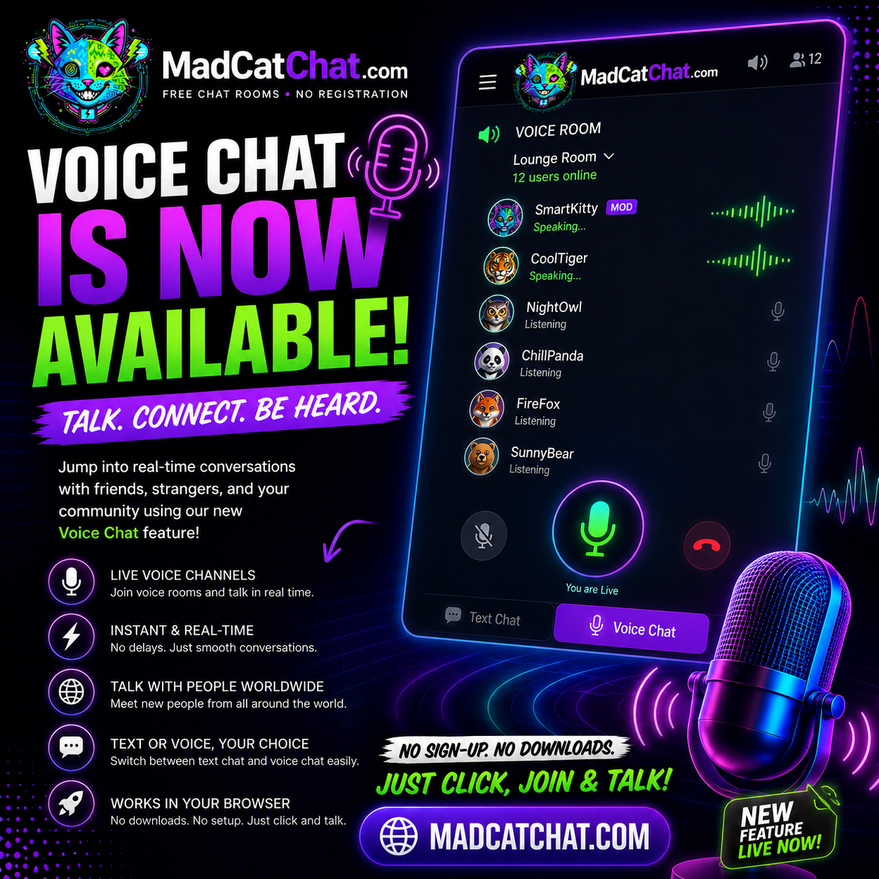 🎙️ Voice Chat is now available! Click the Voice button at the top of any chat room to start using it. Voice Chat also works in Gaming Mode directly from your browser. To use Gamin